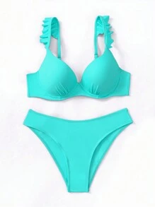 Swim Basics Two-Piece Bikini Set With Push-Up Padding And Underwire, Ruffle Hem Without Binding Summer Beach