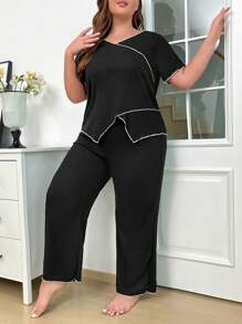 Plus Size Ribbed Colorblocked Trim V-Neck Short Sleeve Top And Pants Pajama Set - Black - View 6