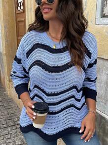 SHEIN LUNE Plus Size Round Neck Color-Block Casual Daily Wear Sweater Pullover