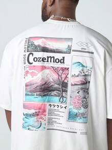 Manfinity NXTstreet Manfinity CozeMod Men's Plus Size Casual Knit Loose Fit Japanese Landscape Illustration Print Short Sleeve T-Shirt With Wide Neckline, Ideal For Summer Daily Wear,Red Graphic T Shirt