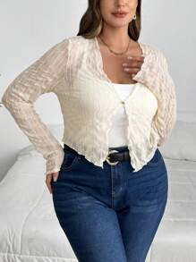 SHEIN Privé 優雅大尺碼女士上衣，半透明黑色紋理面料，春/夏季適用，適宜旅行和日常穿著 - 白色 - 查看 4