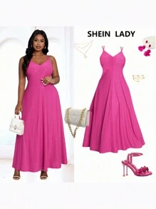 SHEIN Lady Vestido largo casual rosa de tirantes finos de corte evasé para mujer talla grande, vestidos de mujer para eventos, atuendos de salida - Rojo - Ver 1