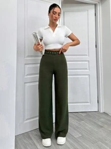 EURMUSE 寬腿褲配腰帶 - 卡其色 - 查看 4