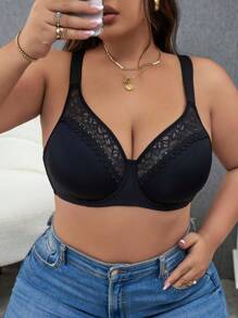 2pcs/Set Plus Size Lace Spliced Bra With Underwire - Multicolor - View 3