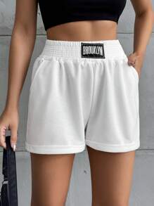 RueChic Letter Patched Detail Roll Up Hem Shorts - White - View 1