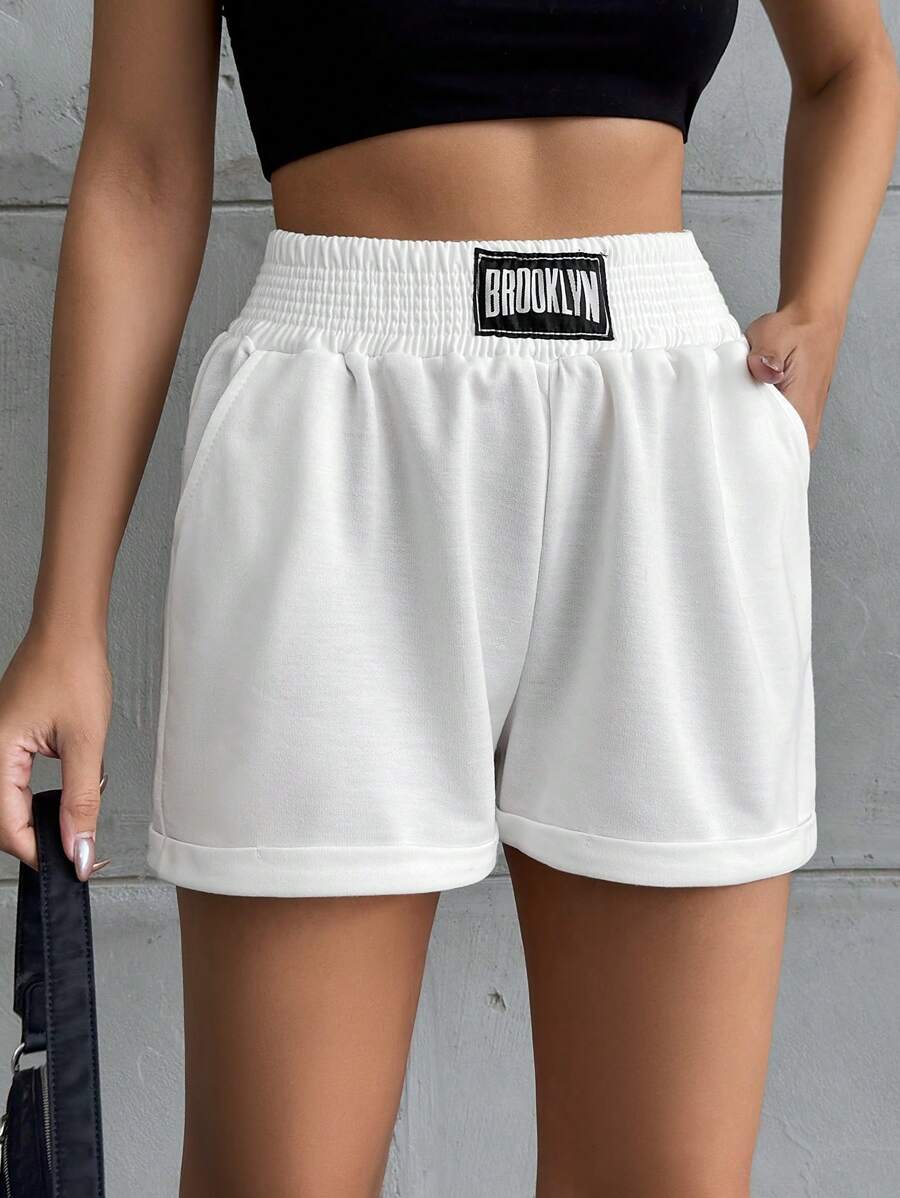 RueChic Letter Patched Detail Roll Up Hem Shorts - White - View 1