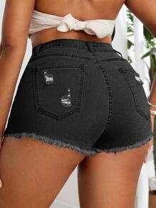 SHEIN SXY Plus Size Fashionable Distressed Denim Shorts With Pocket And Elasticity - Black - View 2