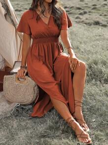 Robe grande taille à col en V, manches à volants, taille avec nœud, ourlet plissé fendu, robe longue pour femmes