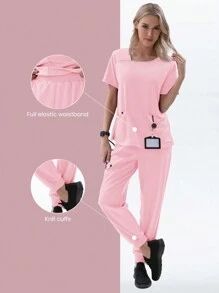 TaskEZ 女士 Scrubs Niaahinn Scrubs 女士套装 护士服套装 上衣和慢跑裤 工作短袖套装 V 领设计 4 个口袋 - 粉色 - 查看 4
