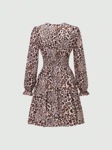 Chiquease Allover Print Deep V-Neck Casual Long Sleeve Dress - Khaki - View 2