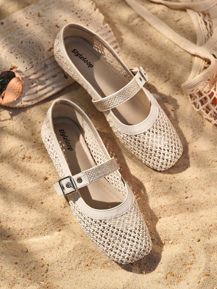 Styleloop Women's Casual Round Toe Flat Shoes, Beige Woven Mesh Fabric, Fashion Minimalist Design, Comfortable Breathable Buckle Strap Loafers Spring Shoes Spring Break Easter