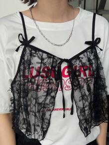 FRIFUL Ladies' Solid Color Simple Daily Wear Lace Bowknot Tie Back Tank Top - Black - View 1