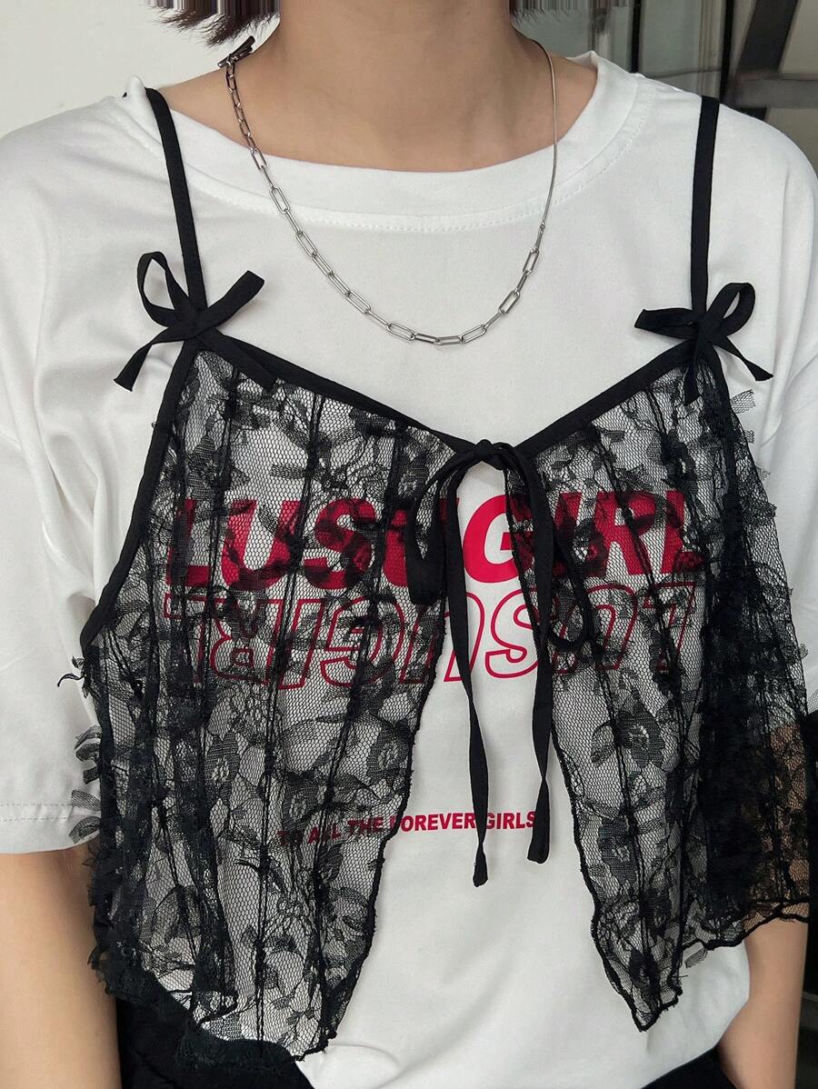 FRIFUL Ladies' Solid Color Simple Daily Wear Lace Bowknot Tie Back Tank Top - Black - View 1