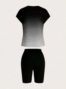 Chiquease 宽肩带圆领渐变色印花紧身短裤套装 - 黑色 - 查看 3