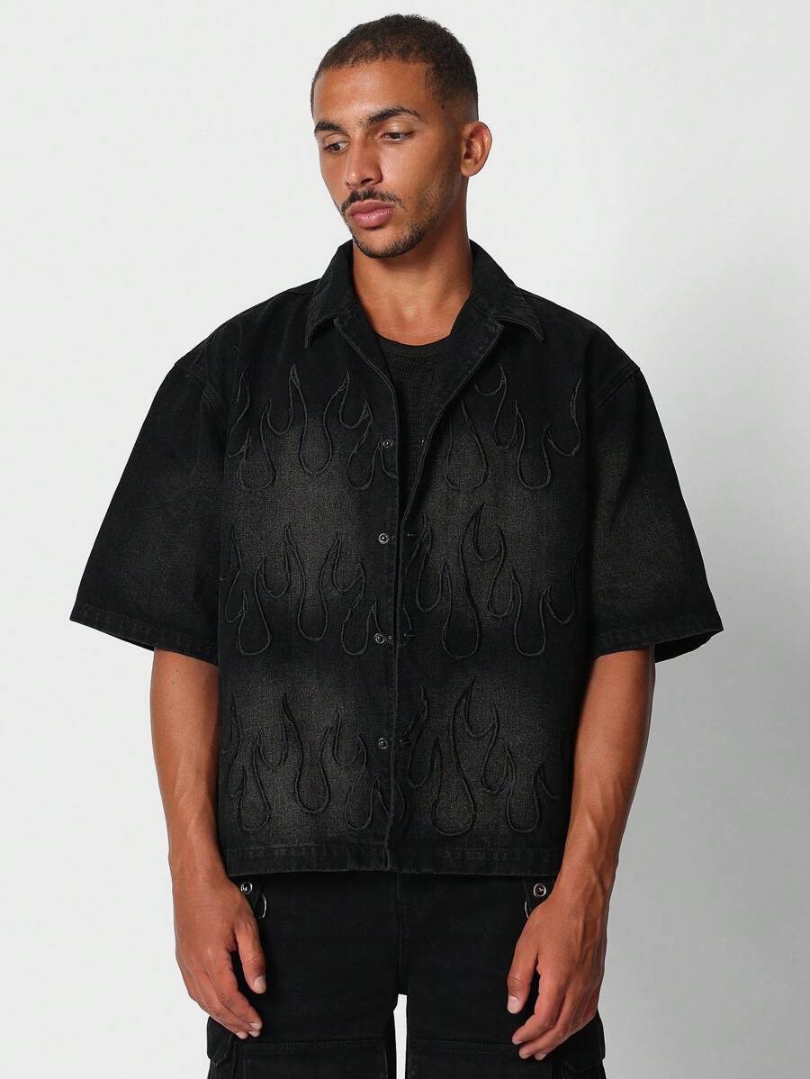 SUMWON 火焰刺绣宽松牛仔衬衫 - 黑色 - 查看 1