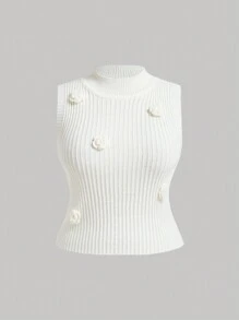 SHEIN MOD White Sleeveless Knit Vest With 3D Flower Embellishment For Plus Size Women - White - View 1