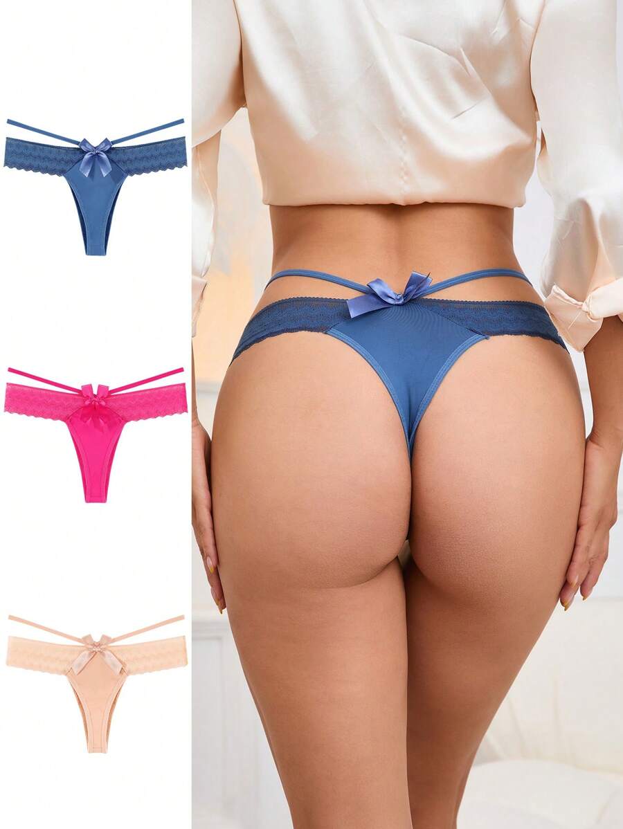 3 piezas Conjunto de bragas sexy con panel de encaje y espalda en T para damas - Multicolor - Ver 1