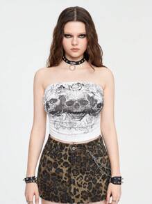 ROMWE Top feminino sem alças estampado com caveira e rosa no estilo Dark Gothic, com embelezamento de glitter e pedras de strass brilhantes - Branco - Visão 2