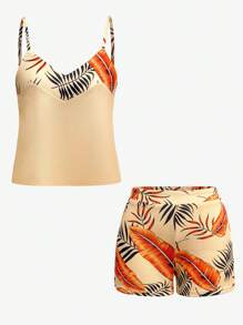 EMERY ROSE Conjunto informal de top de tirantes y pantalones cortos con estampado tropical para vacaciones - Albaricoque - Ver 3