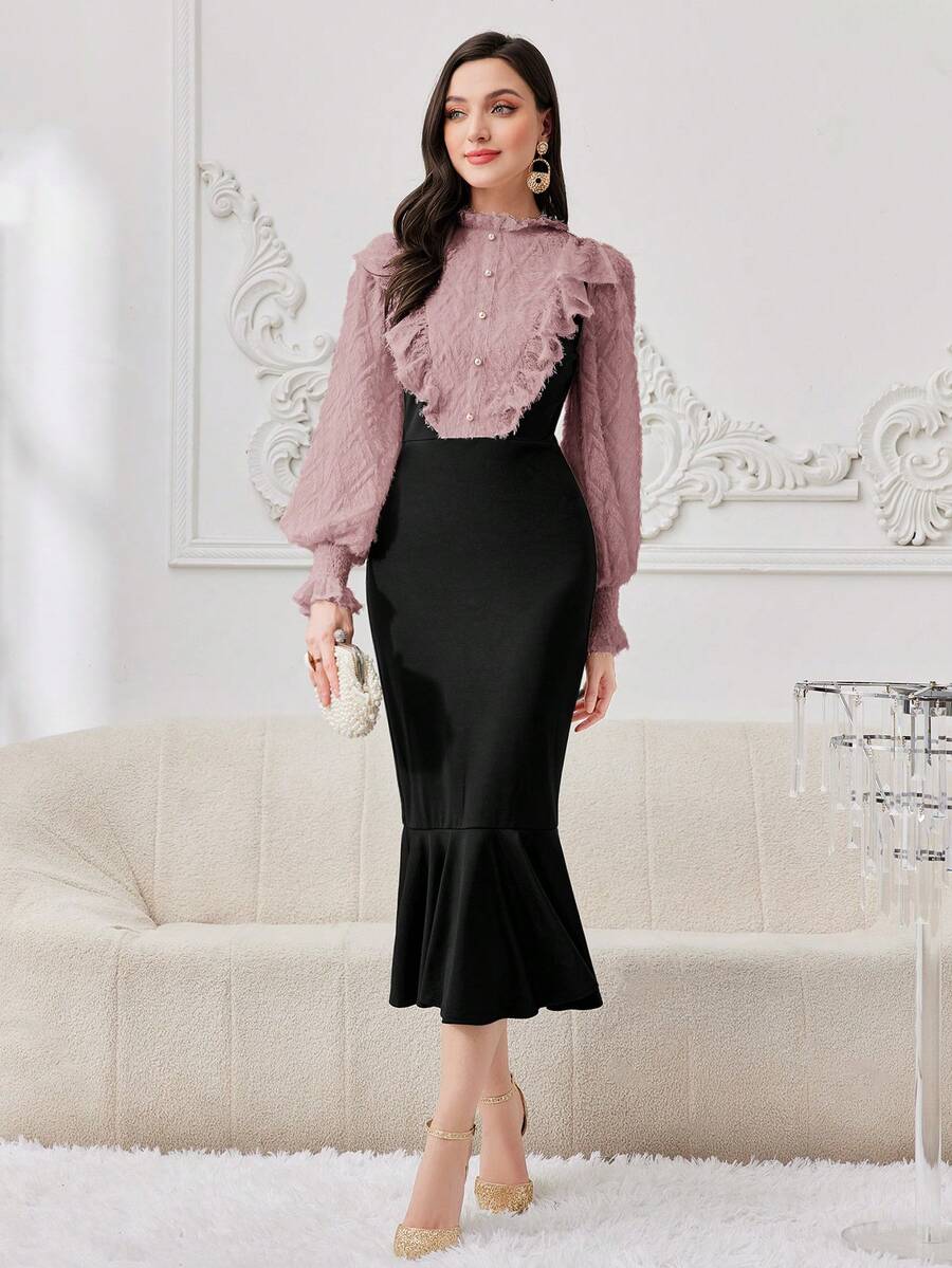 Modelyn Women's Color-Block Stand Collar Elegant Long Sleeve Dress With Ruffled Hem - Pink - View 1