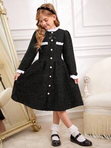 SHEIN Vestido de mangas compridas para meninas pré-adolescentes, com guarnições em renda no decote e nos punhos, outono/inverno - Preto - Visão 6