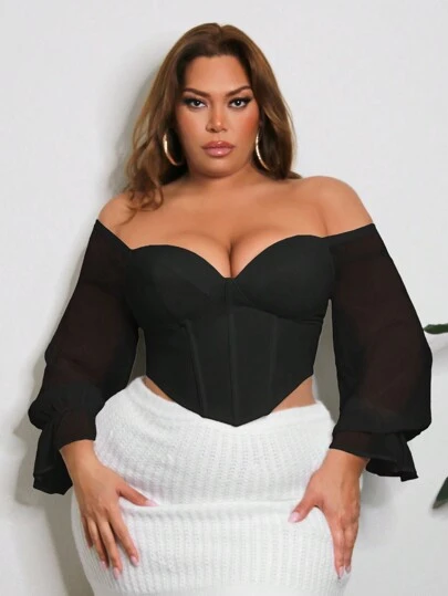 SHEIN SXY Cupa pentru piept de mărime mare Tăiere cu adeziv Îmbinare decorată Mânecă din șifon Purtare în două sensuri Tricou corset