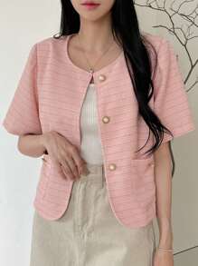 DAZY 女士假珍珠裝飾的鈕扣短袖口袋外套，休閒日常穿著 - 粉色 - 查看 3