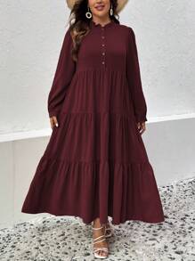 EMERY ROSE Váy dài tay cài nút cỡ lớn có viền xếp lớp, trang phục Maxi rộng rãi thoải mái, sang trọng, thanh lịch, giản dị, thanh lịch dành cho nữ - Màu Tím - Xem 4