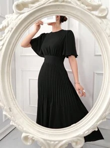 Modelyn 女士純色圓領蝴蝶袖褶皺優雅連衣裙 - 黑色 - 查看 1