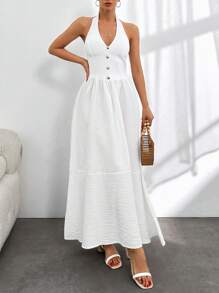 RueChic Women's Plain White Button Front Halter Backless A-Line Dress With Waist Cinched