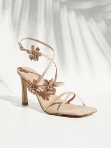 SHUZIA Tacones altos con tiras florales y punta cuadrada - Albaricoque - Ver 3