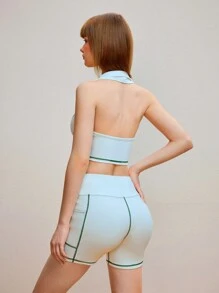 SHEIN Sports Bộ đồ thể thao đơn giản hàng ngày và quần short màu khối dành cho nữ - Màu be - Xem 2