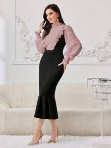 Modelyn 女款拼色立領優雅長袖連衣裙，帶流蘇擺邊 - 粉色 - 查看 4