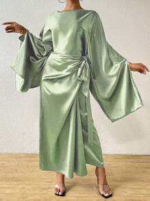 Chiquease Solid Color Round Neck Long Sleeve Top And Draped Knot Skirt Elegant Two-Piece Set - Green - View 4