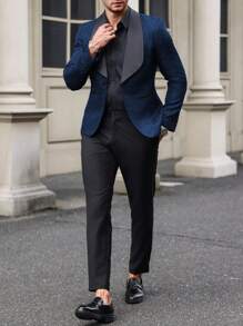 Manfinity Mode Men Solid Shawl Collar Blazer & Suit Pants - Royal Blue - View 1