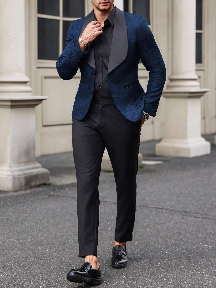 Manfinity Mode Men Solid Shawl Collar Blazer & Suit Pants - Royal Blue - View 1