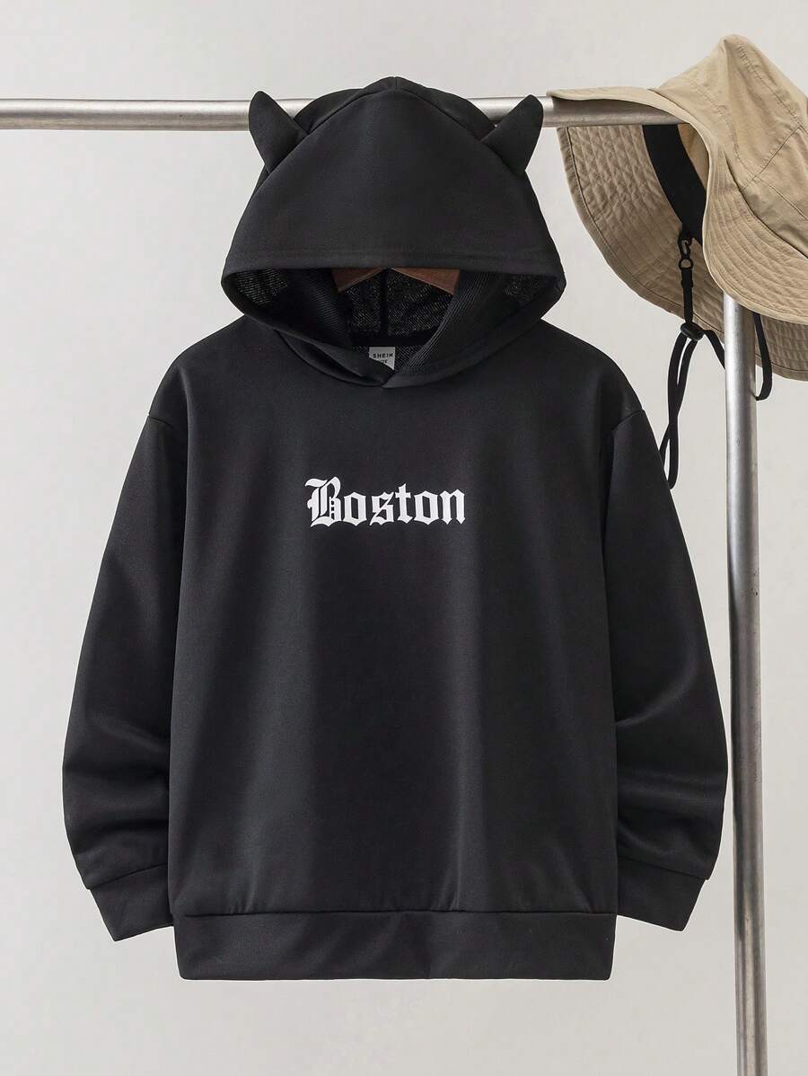 Sudadera con capucha para niños preadolescentes, diseño de cuernos de diablo, estampado de letras, adecuada para el transporte, la escuela, el uso diario casual, los deportes, otoño e invierno - Negro - Ver 1