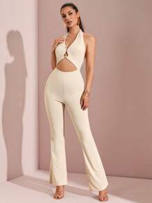 SHEIN BAE Women's Solid Color Back Tie Bodycon Jumpsuit With Metal Detailing, Casual Vacation
