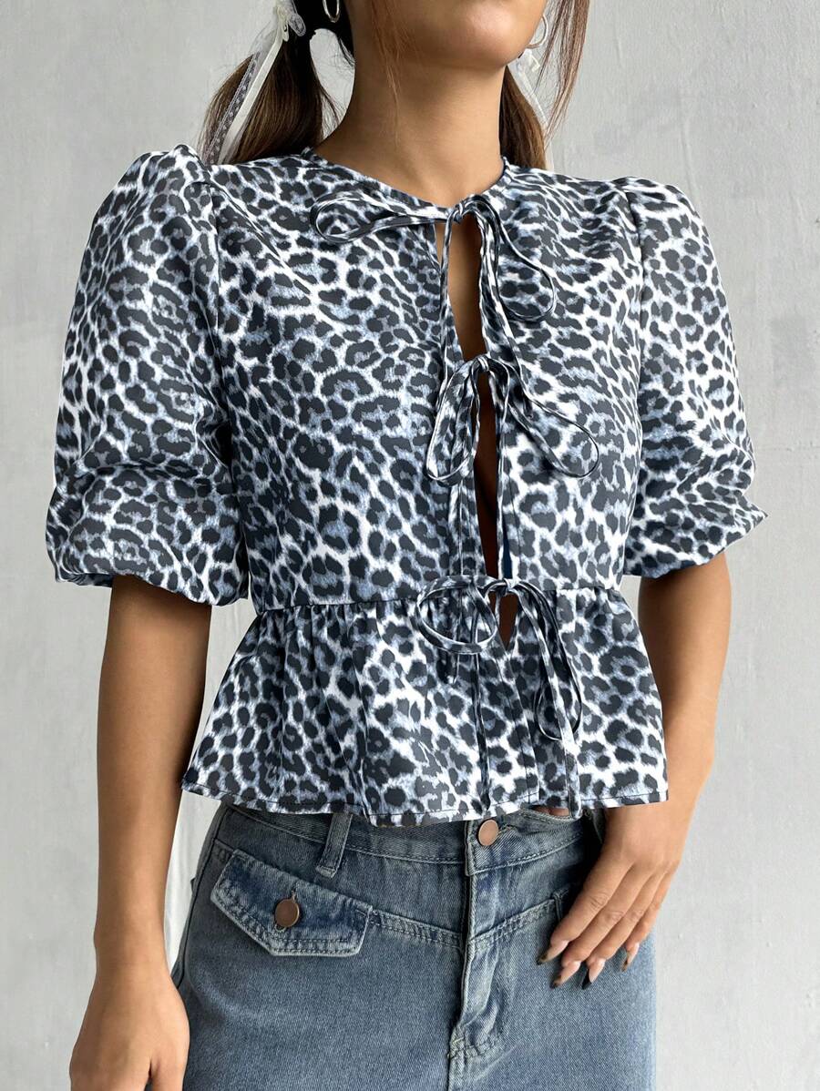 SHEIN EZwear 女式豹紋系帶前短袖襯衫 - 藍色 - 查看 1