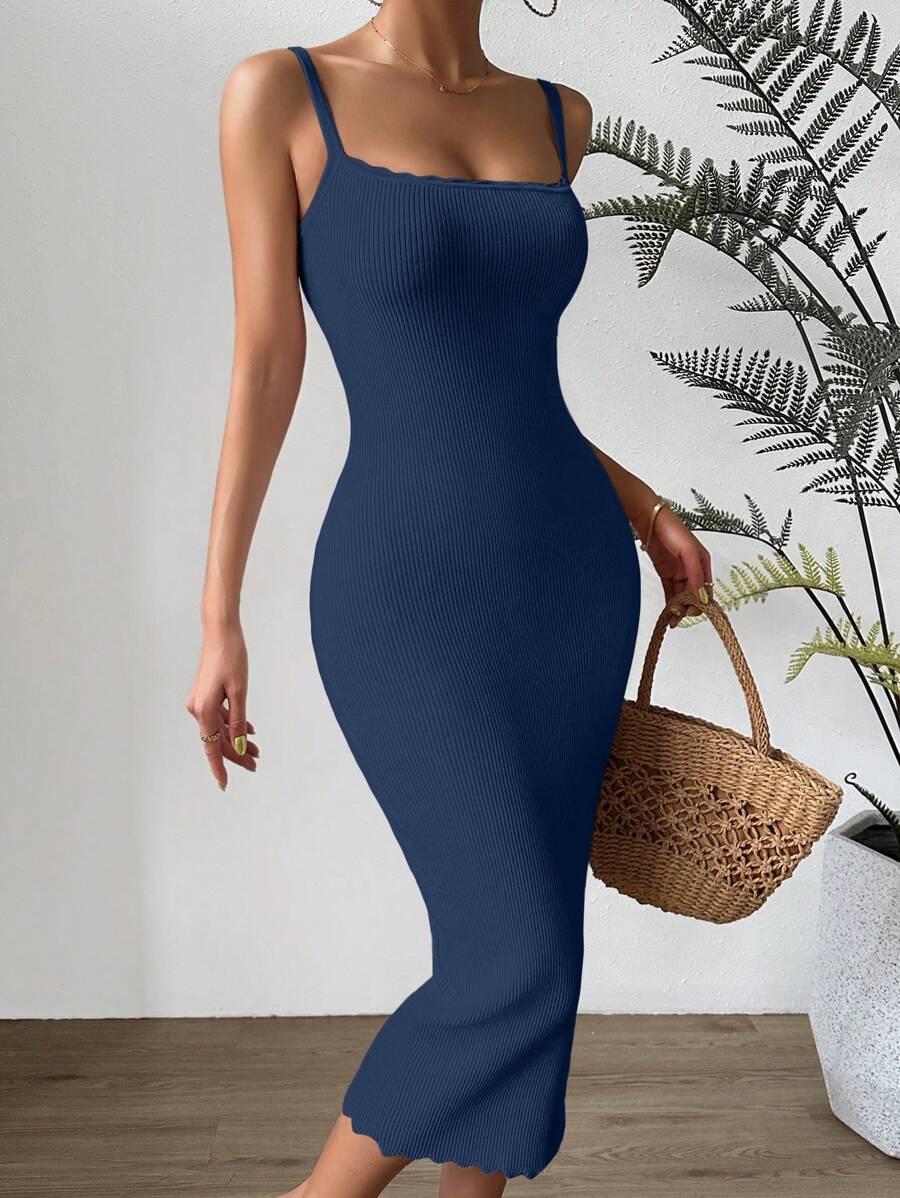 Chiquease Váy cami dệt kim đơn giản hàng ngày dành cho nữ - Màu xanh bụi bặm - Xem 1