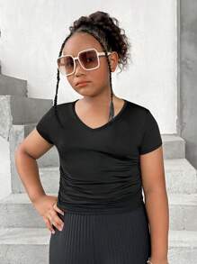 SHEIN 青少年女孩加大码休闲纯色圆领套头 T 恤，带侧褶饰，多件 - 彩色 - 查看 4