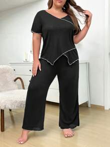 Plus Size Ribbed Colorblocked Trim V-Neck Short Sleeve Top And Pants Pajama Set - Black - View 5