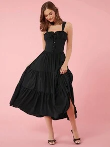 Enchnt Vestido largo recogido con escote cuadrado y estilo rural romántico