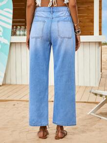 SHEIN Tall 女性鬆身直筒牛仔褲，鈕扣開襟，休閒度假風格，藍色 - 中等水洗藍 - 查看 5