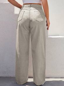 Cloudara Jeans De Mujer De Talla Grande De Color Sólido Con Pantalones Anchos Y Bolsillos Inclinados - Beis - Ver 2