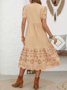 SHEIN VCAY Women's Bohemian Fringed Rope Belt A-Line Vacation Dress With Deep V-Neck - Apricot - View 2