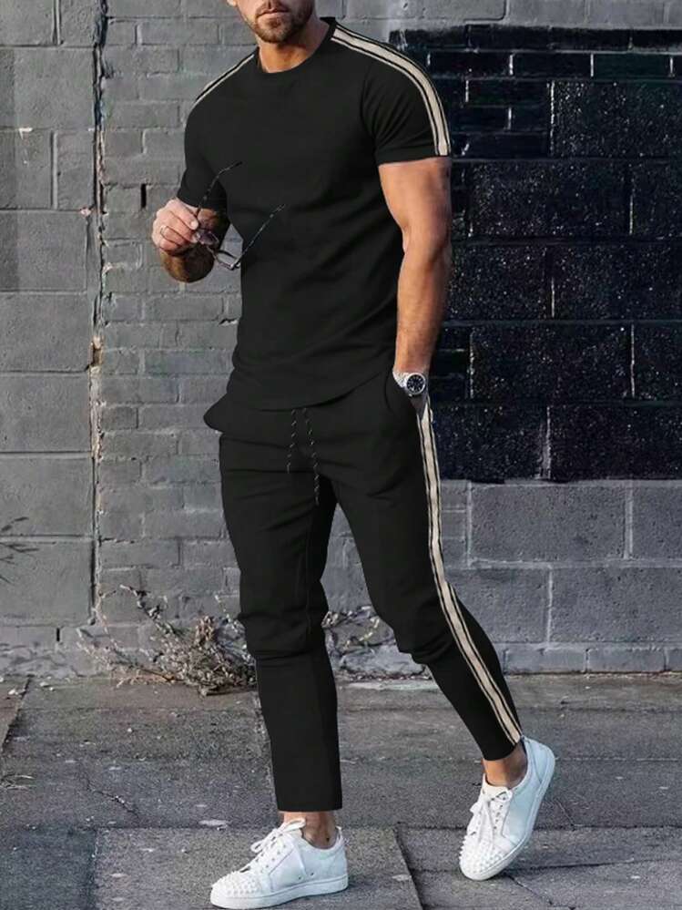 2 件男士夏季休闲运动套装，侧条纹抽绳腰部宽松短裤和长裤，短袖 T 恤上下套装，时尚男装 - 黑色 - 查看 1