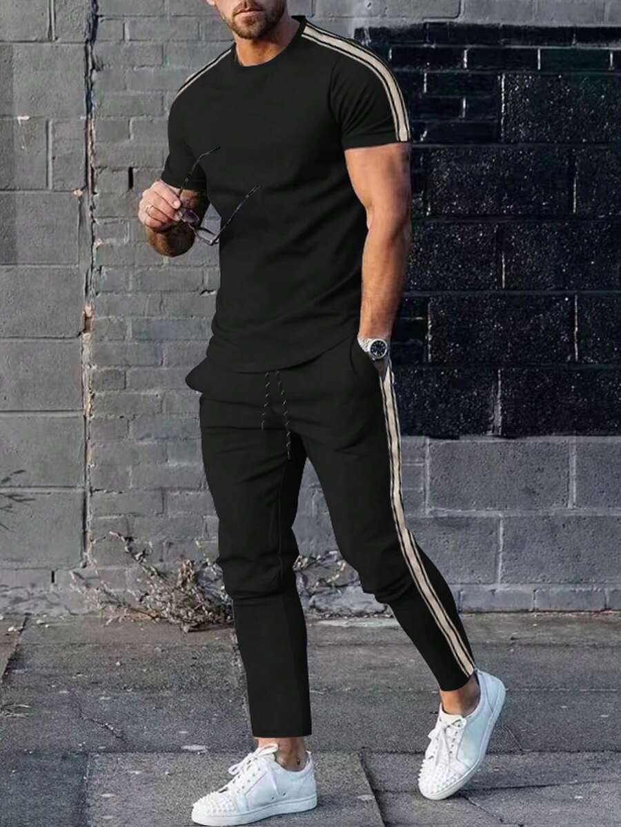 2 件男士夏季休闲运动套装，侧条纹抽绳腰部宽松短裤和长裤，短袖 T 恤上下套装，时尚男装