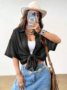 SHEIN EZwear Áo Sơ Mi Nữ Tay Lửng Màu Đen Sheer Cổ Điển, Cổ Điển, Có Nút Xuống - màu đen - Xem 4