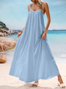 Breezaya Vestido largo amplio con fruncidos de un solo color, para vacaciones y atuendos de playa de mujer - Azul - Ver 6